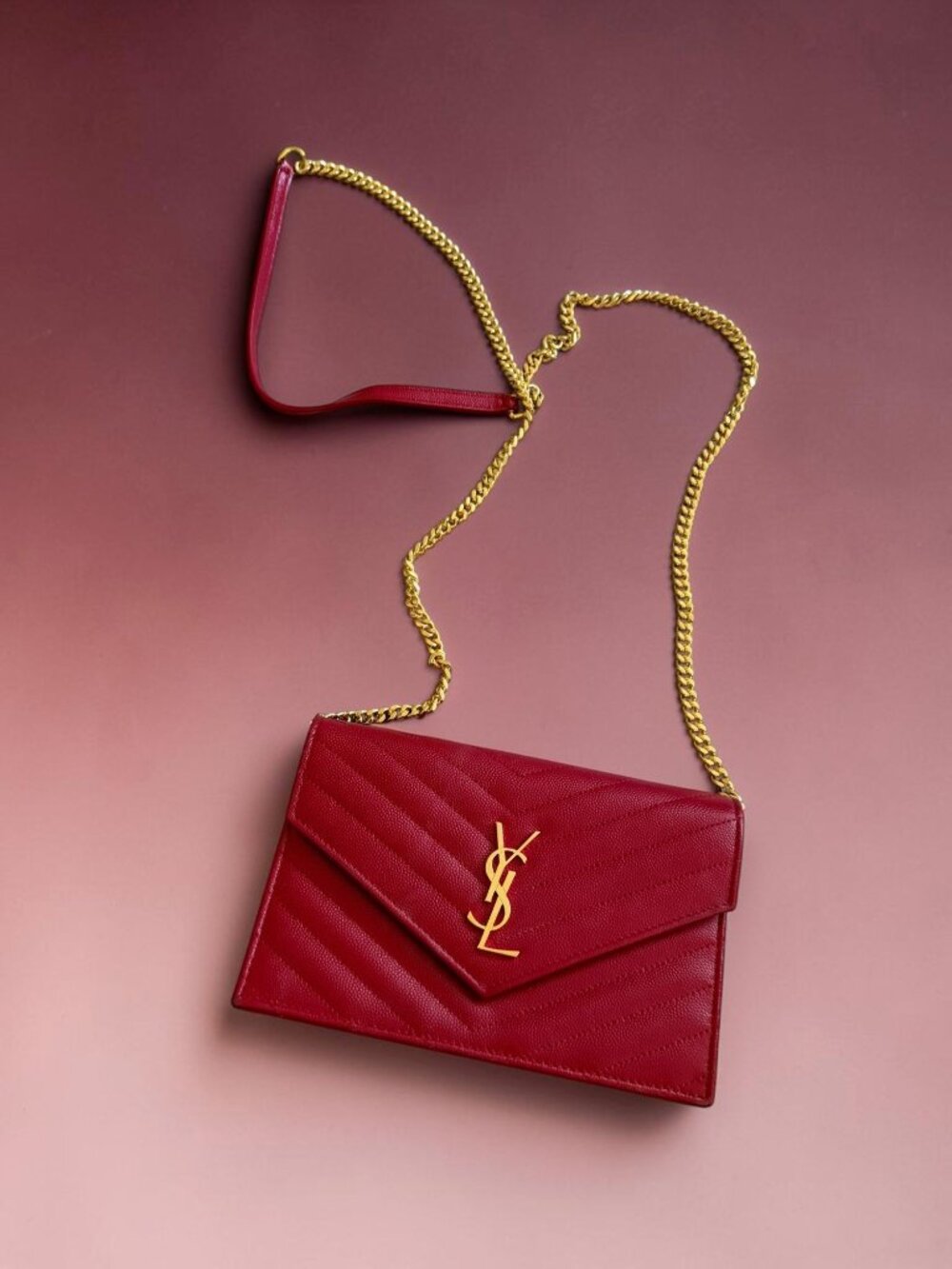 SAINT LAURENT Cassandre Red Quilted Leather Envelope Chain Wallet Crossbody Bag